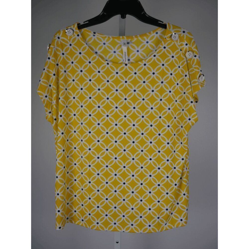 NY Collection Women's Button-Accent Short Sleeve Floral Top Yellow PL